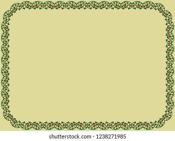 Decorative floral frame with flowers and with interwoven lines in green and orange hues on the mute khaki background, vector as an element of design