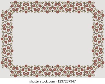 Decorative floral frame with flowers and leaves of Victorian style in pale hues on the mute grey background, vector as an element of design