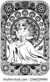 Decorative floral frame and girl with scales in retro style, libra zodiac art nouveau inspired illustration.