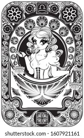 Decorative floral frame and girl with scales in retro style, libra zodiac art nouveau inspired illustration.