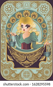 Decorative floral frame and girl with scales in retro style, libra zodiac art nouveau inspired illustration.