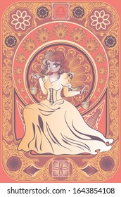 Decorative floral frame and girl with scales in retro style, libra zodiac art nouveau inspired illustration.