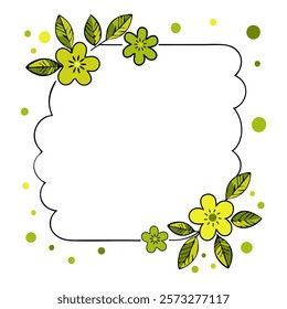 Decorative floral frame with green and yellow flowers, leaves, and dots isolated on transparent background. Ideal for invitations, greeting cards, social media posts, poster and flyer designs.