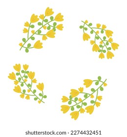 Decorative floral frame for inscriptions. Spring border of yellow flowers and green twigs. Copy Space. Botanical elements, floral decorations. Postcard, greeting card for Easter. Vector illustration