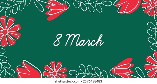 Decorative Floral Frame with March 8 Text for International Women's Day. Festive red and white floral design surrounding March 8 text on green background, celebrating International Women's Day. 