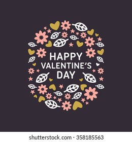 Decorative Floral Frame on Black Background. Vector Design Element for Valentines Day Greeting Card