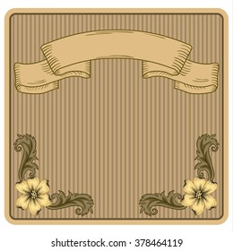 Decorative floral frame of ornament and ribbon on striped background