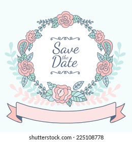 Decorative floral frame with pink roses and leaves. Wedding, birthday or save the date greeting card. Vector illustration.