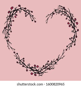 Decorative floral frame with a snowdrop. Beautiful card for Valentine's Day. Heart made of branches on a pink background for the design of postcards.