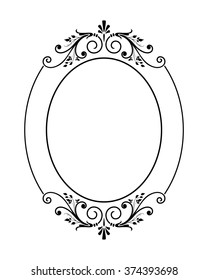 Decorative floral frame with stylized elements. Circular vertical graphic frame with decorative leaves and flowers. Contoured black frame on white background.