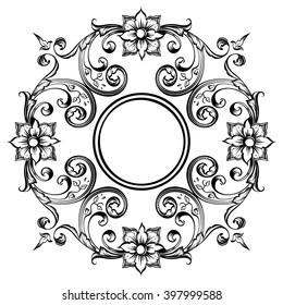Decorative floral frame with stylized leaves and flowers. Black contour frame drawing on a tablet. Contoured black frame on white background.