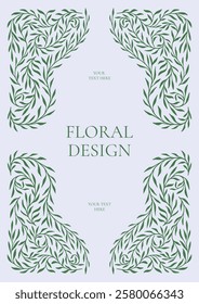 Decorative floral frame with swirling green leaves. Intricate botanical ornament. Elegant symmetrical layout. Vector illustration.