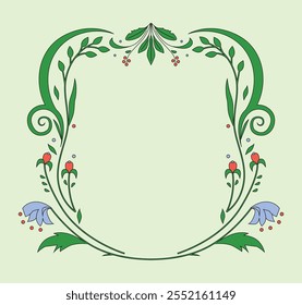 Decorative Floral Frame with Vibrant Leaves, Flowers, and Berries. Curved Lines and Symmetrical Design on Light Background. Perfect for Invitations or Elegant Stationery. Flat Vector Illustration.