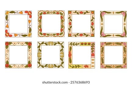 Decorative Floral Frame Vintage Patterns. A collection of square floral frames featuring intricate vintage-inspired patterns and earthy tones, perfect for invitations, cards, and decor.