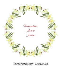 Decorative Floral Frame with White Lily. Flowers Design Pattern. Stock vector illustration.