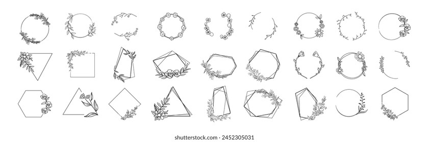 Decorative floral frames made of blooming flowers hand drawn with contour lines on transparent background. Round, oval, triangle, square decorated with delicate flowers, branches, leaves, blossom