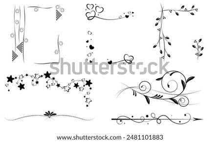 Decorative Floral Frames Set, Swirls Dividers, Vintage Elements, Floral Ornament, Vector illustration, Collection, Ribbon, Divider, Branch, Wedding, Isolated, Hearts, Stars, Black	
