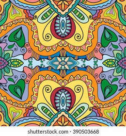 Decorative floral geometric seamless pattern. Coloring book square page.  Authentic carpet design, bandanna shawl fabric print. Abstract fantasy background, vector illustration