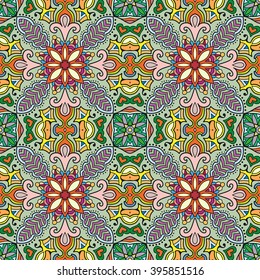 Decorative floral geometric seamless pattern. Coloring book square page.  Authentic carpet design, bandanna shawl fabric print. Abstract fantasy background, vector illustration