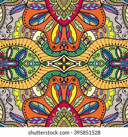 Decorative floral geometric seamless pattern. Coloring book square page.  Authentic carpet design, bandanna shawl fabric print. Abstract fantasy background, vector illustration