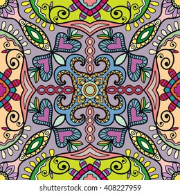Decorative floral geometric seamless pattern. Coloring book square page.  Authentic carpet design, bandanna shawl fabric print. Abstract fantasy background, vector illustration