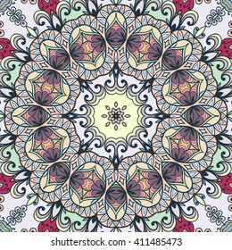 Decorative floral geometric seamless pattern with mandala ornament. Coloring book square page.  Authentic carpet design, bandanna shawl fabric print. Abstract fantasy background, vector illustration