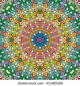 Decorative floral geometric seamless pattern with mandala ornament. Coloring book square page.  Authentic carpet design, bandanna shawl fabric print. Abstract fantasy background, vector illustration