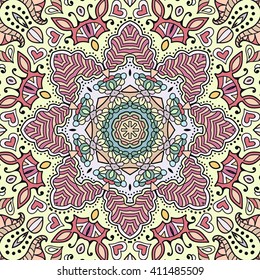 Decorative floral geometric seamless pattern with mandala ornament. Coloring book square page.  Authentic carpet design, bandanna shawl fabric print. Abstract fantasy background, vector illustration