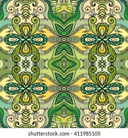 Decorative floral geometric seamless pattern. Coloring book square page.  Authentic carpet design, bandanna shawl fabric print. Abstract fantasy background, vector illustration