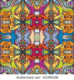 Decorative floral geometric seamless pattern. Coloring book square page.  Authentic carpet design, bandanna shawl fabric print. Abstract fantasy background, vector illustration