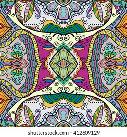 Decorative floral geometric seamless pattern. Coloring book square page.  Authentic carpet design, bandanna shawl fabric print. Abstract fantasy background, vector illustration