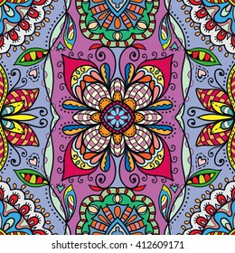 Decorative floral geometric seamless pattern. Coloring book square page.  Authentic carpet design, bandanna shawl fabric print. Abstract fantasy background, vector illustration