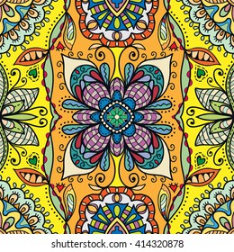 Decorative floral geometric seamless pattern. Coloring book square page.  Authentic carpet design, bandanna shawl fabric print. Abstract fantasy background, vector illustration