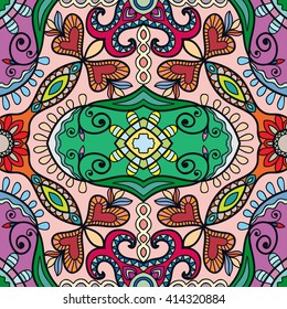 Decorative floral geometric seamless pattern. Coloring book square page.  Authentic carpet design, bandanna shawl fabric print. Abstract fantasy background, vector illustration