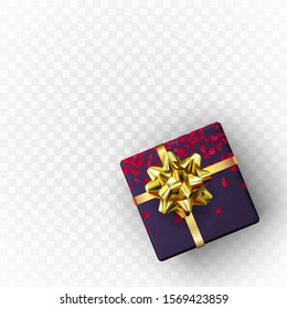 Decorative floral gift box with gold bow. Top view. Vector gift box isolated on transparent background