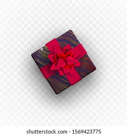 Decorative floral gift box with red bow. Top view. Vector gift box isolated on transparent background