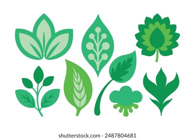 Dekorative florale grüne Blatt flache Vektorgrafik Set Illustration.