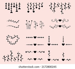 Decorative floral heart vectors. Dividers, borders, frames, doodles. Heart silhouette design elements and love ornaments for page decoration, frame design, wedding cards, and invitations