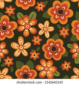 Decorative floral hippie print. Seamless pattern, retro botanical background with simple flowers, leaves on a green field. Vector illustration.