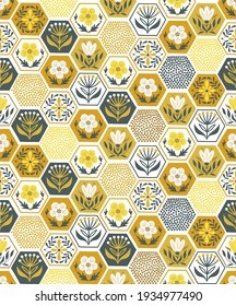 Decorative floral honeycomb tiled vector seamless pattern. Folksy hexagonal mosaic tessellated ornament. Ornate honeycomb tiles surface print design