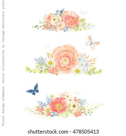 Decorative floral horizontal ornaments of flowers ranunculus, phlox, rose hip, chamomiles, leaves and butterflies. Tender floral vector illustration in vintage watercolor style.