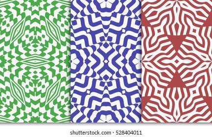 decorative floral illusion seamless pattern set. vector illustration. green, red, blue color