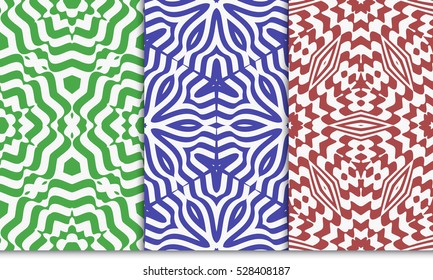 decorative floral illusion seamless pattern set. vector illustration. green, red, blue color