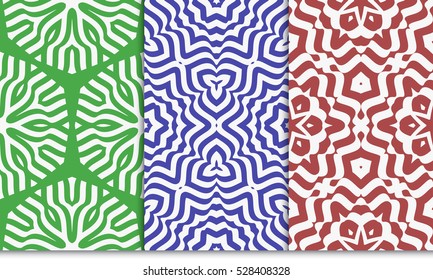 decorative floral illusion seamless pattern set. vector illustration. green, red, blue color
