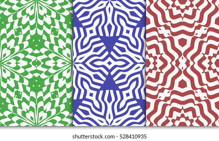 decorative floral illusion seamless pattern set. vector illustration. green, red, blue color
