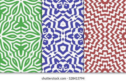 decorative floral illusion seamless pattern set. vector illustration. green, red, blue color