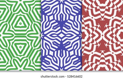 decorative floral illusion seamless pattern set. vector illustration. green, red, blue color