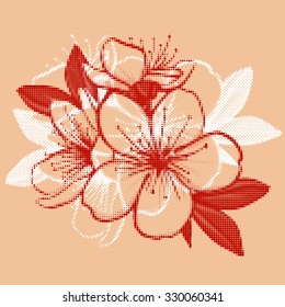 Decorative floral illustration of cherry blossom made of dots