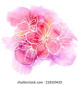 Decorative floral illustration of cherry flowers on a watercolor background 