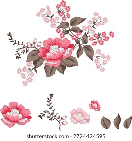 A decorative floral illustration featuring large pink peony-like blooms with layered petals, surrounded by brown leaves and delicate pink blossoms on branching stems.